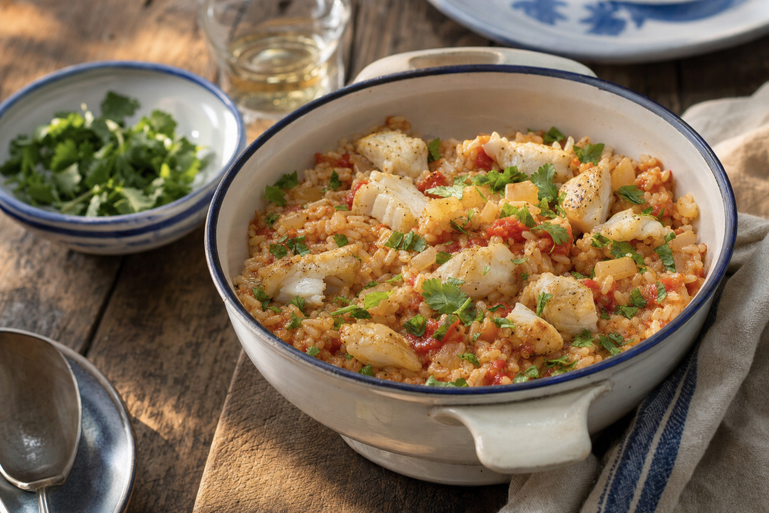 Arroz de Bacalhau — Saftiger Reis mit Bacalhau (Stockfisch), Tomaten und Koriandergrün aus einem Topf
