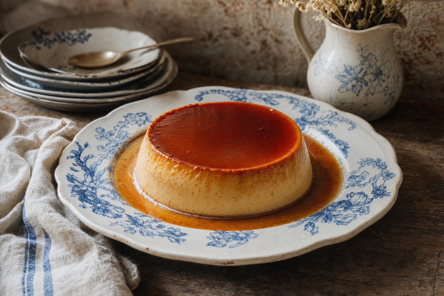 Flan — Cremiger Eierpudding im Wasserbad, gestürzt unter bernsteinfarbenem Karamell