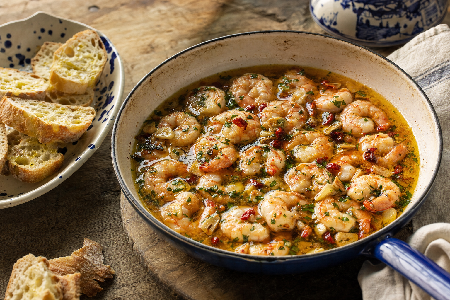 Gambas al Ajillo — Garnelen in Knoblauchöl mit Chili, Paprika und Petersilie – in 25 Minuten fertig