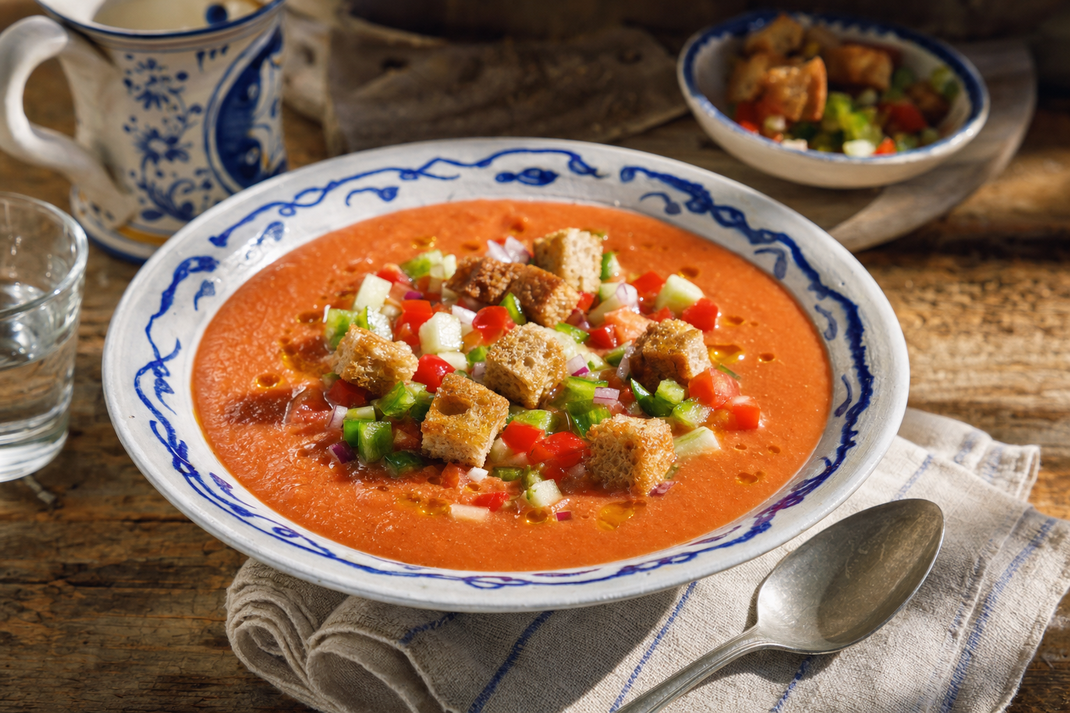 Gazpacho andaluz — Eiskalte Suppe aus rohem Gemüse, mit Sherryessig, Olivenöl und Brotwürfeln