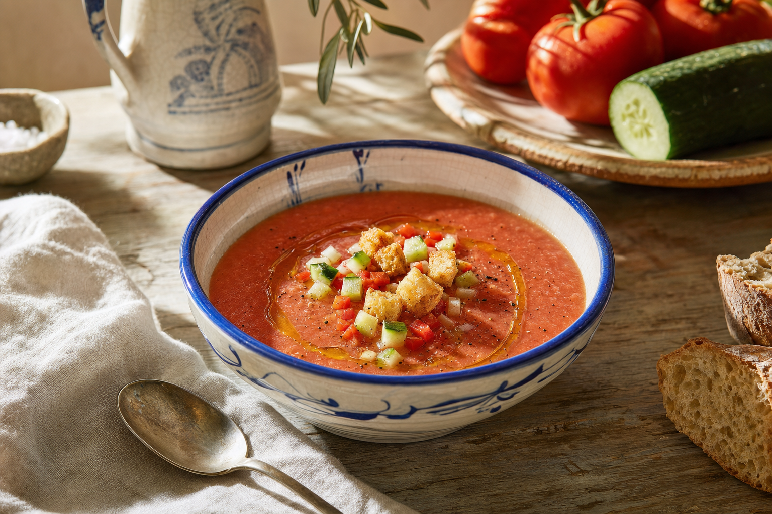 Gazpacho — Andalusiens kalte Gemüsesuppe aus reifen Tomaten, Salatgurke und Paprikaschoten