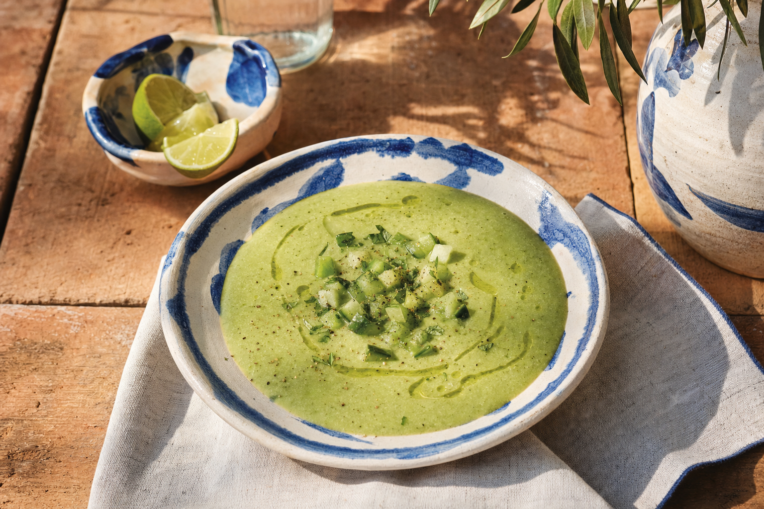 Gazpacho Verde — Kalte grüne Suppe aus Gurke, gerösteter Paprika und einem Spritzer Limette