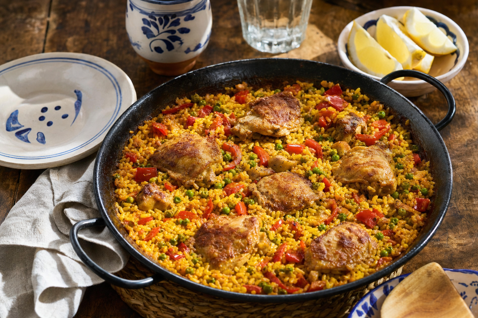 Paella de Pollo — Safranreis mit Hähnchen, Paprikaschoten und Erbsen, in einer Pfanne gegart