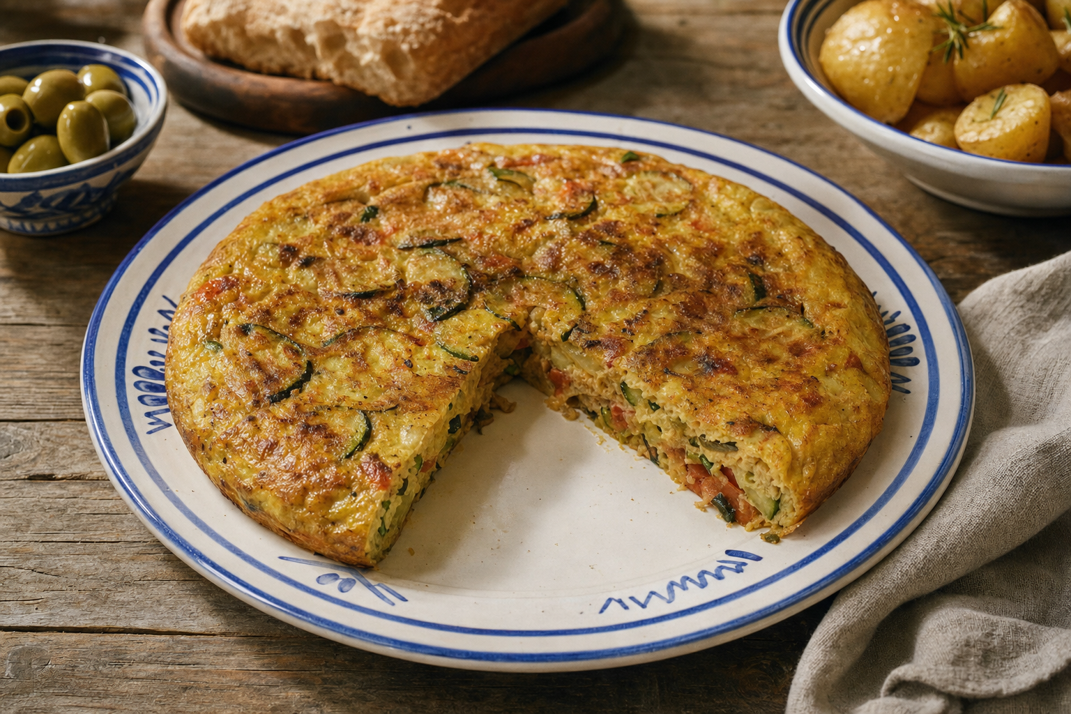 Tortilla de calabacín — Saftige Zucchini-Tortilla mit Zwiebeln, Knoblauch und Tomaten, goldgelb gebraten