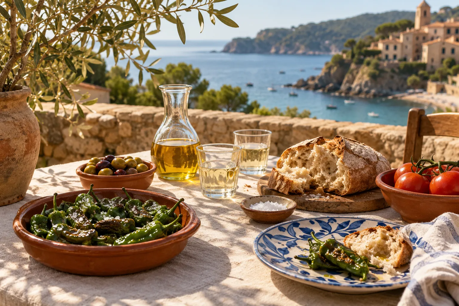 Gedeckter Tisch auf einer Steinterrasse über der iberischen Küste: Padrón-Paprika, Oliven, eine Karaffe Olivenöl und aufgerissenes Brot