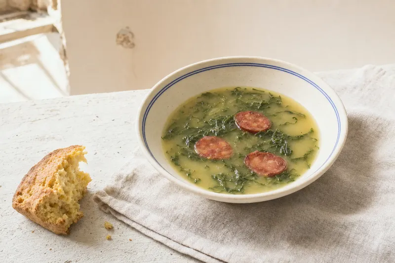 Schale portugiesischer Caldo verde mit feinen Kohlstreifen und Chouriço-Scheiben, dazu ein Stück Brot