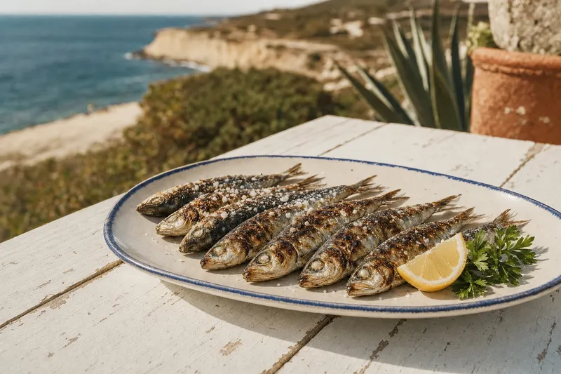 Frisch gegrillte portugiesische Sardinen auf einer ovalen Keramikplatte mit grobem Meersalz und einer Zitronenspalte