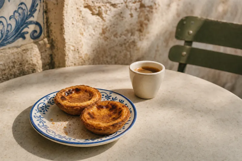Zwei frisch gebackene Pastéis de nata auf einem kobaltblau-weißen Teller